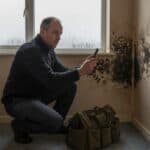 Maintenance operative in a navy fleece crouching in a bedroom to photograph black mould spreading up the wall beside a window with condensation, a tool bag on the carpet