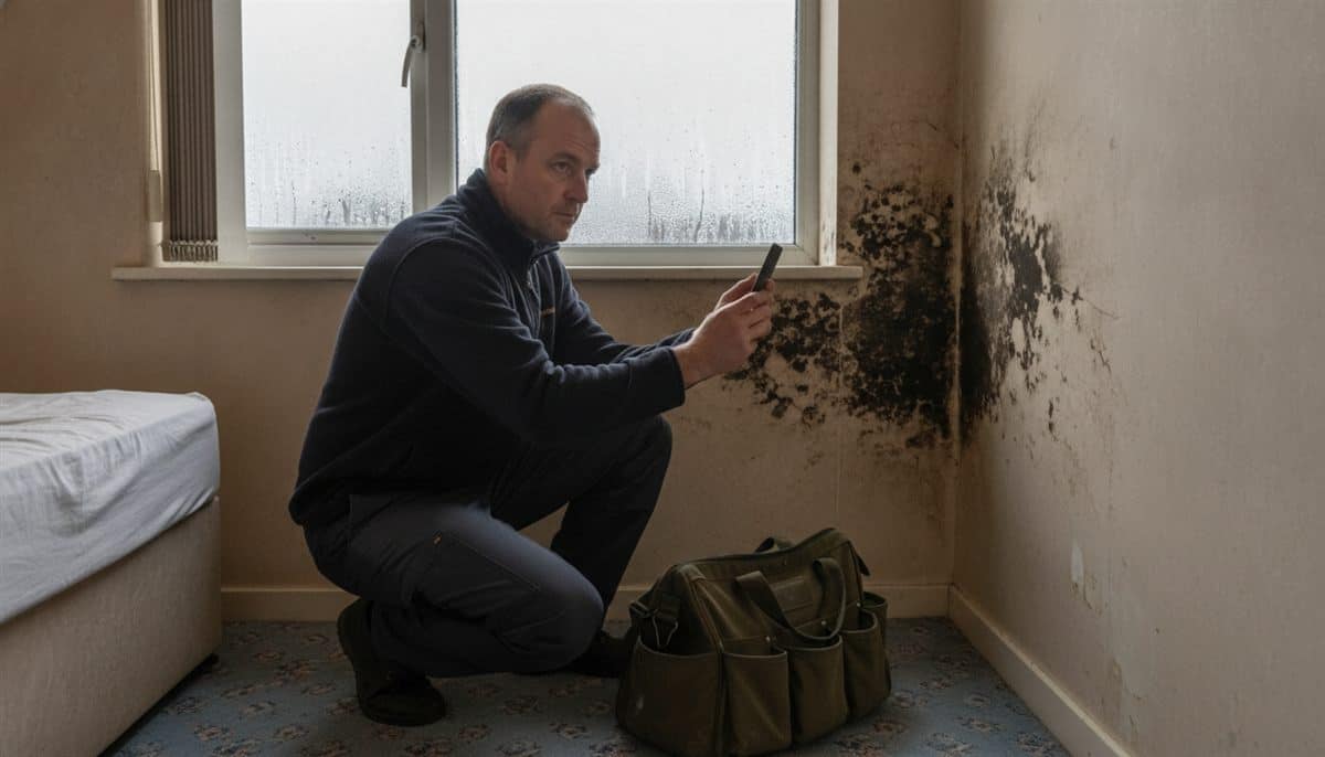 Maintenance operative in a navy fleece crouching in a bedroom to photograph black mould spreading up the wall beside a window with condensation, a tool bag on the carpet