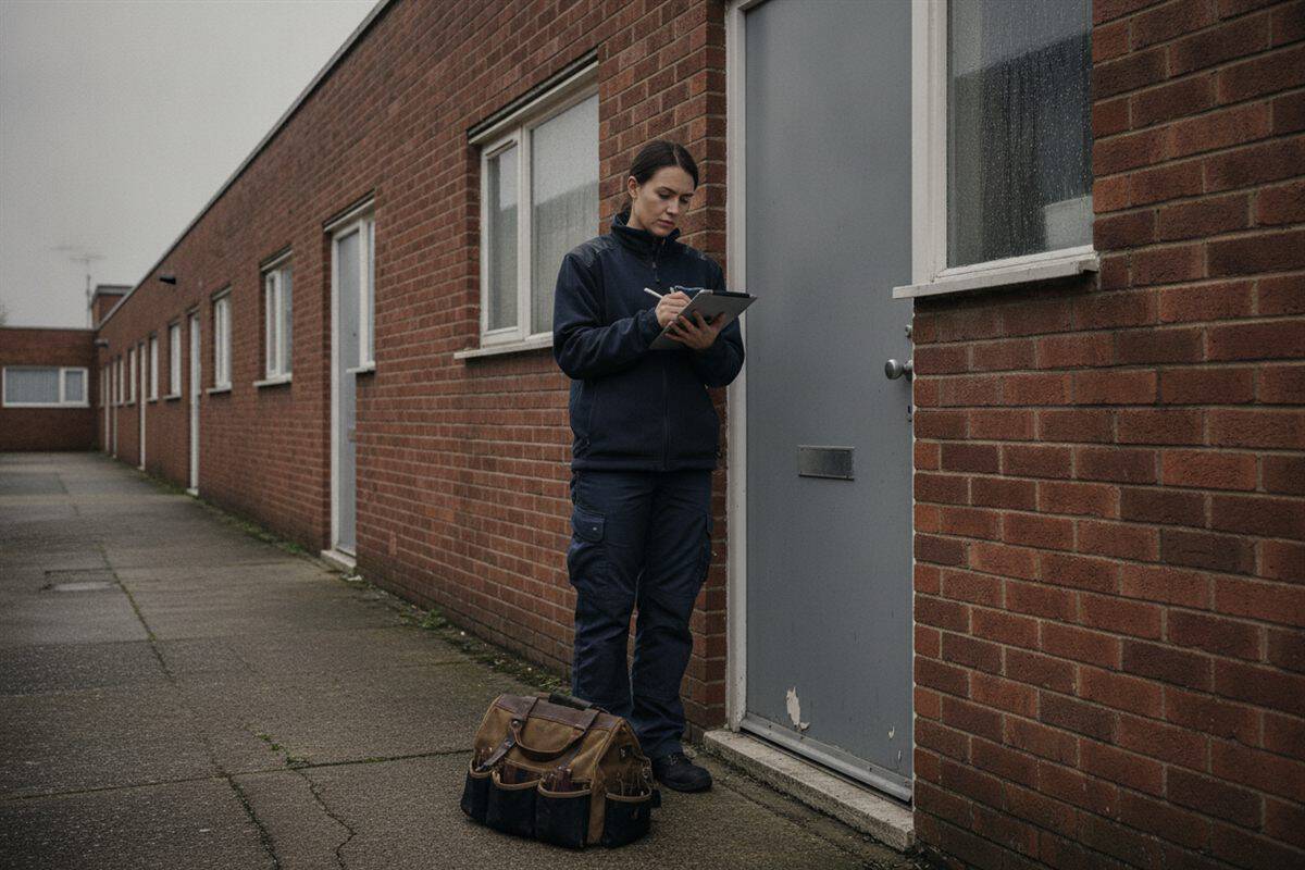 Repairs operative in a navy work jacket standing at the closed grey front door of a ground-floor flat in a brick housing block, writing on a tablet, a tool bag at her feet