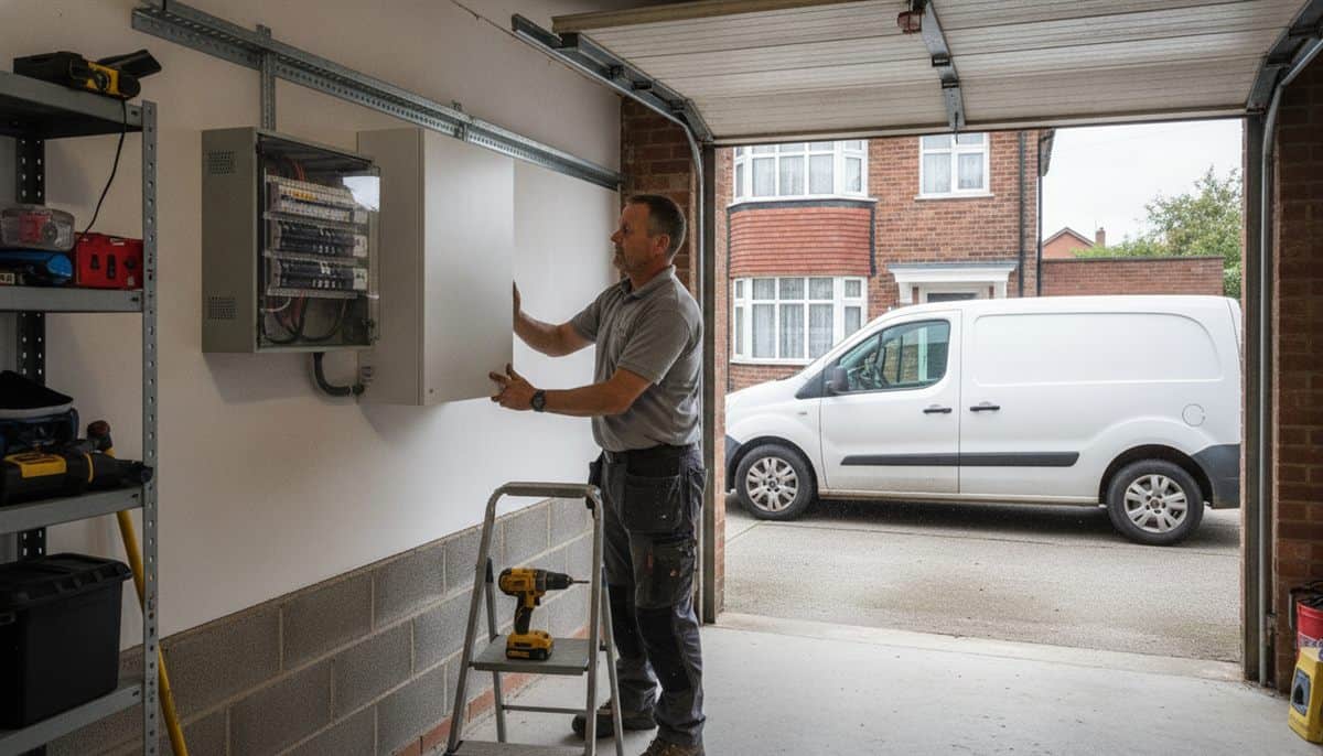 Electrician in a grey work polo lifting a white wall-mounted battery unit into place beside a consumer unit in a semi-detached house garage, a drill on a step ladder and a white van on the drive