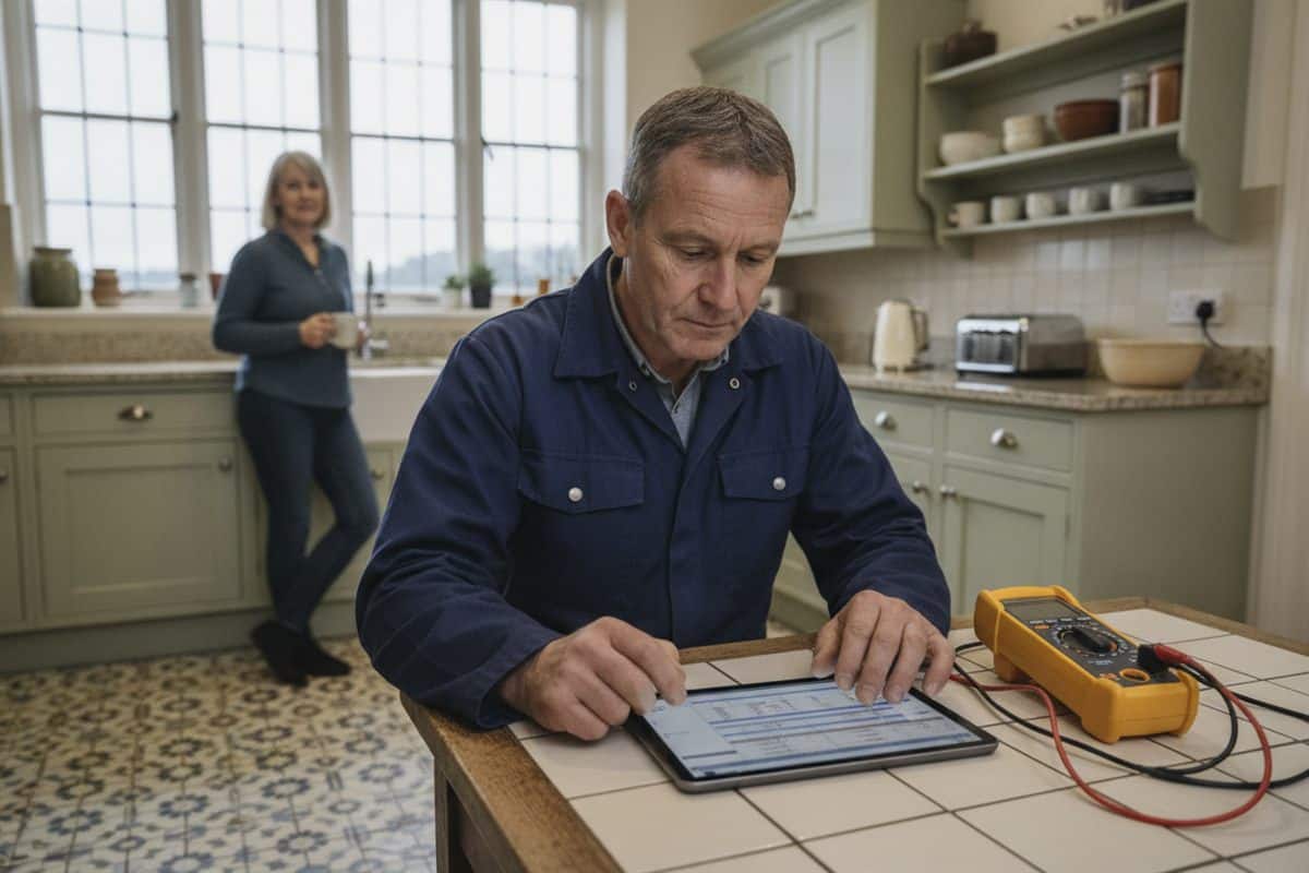 Electrician in a navy work jacket filling in a report on a tablet at a tiled kitchen table, a yellow test meter and leads beside him, the homeowner standing at the worktop with a mug