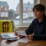 Building contractor in a navy fleece reading a payslip at a kitchen table beside a laptop, calculator and mug, hi-vis vest on the chair, rain on the window