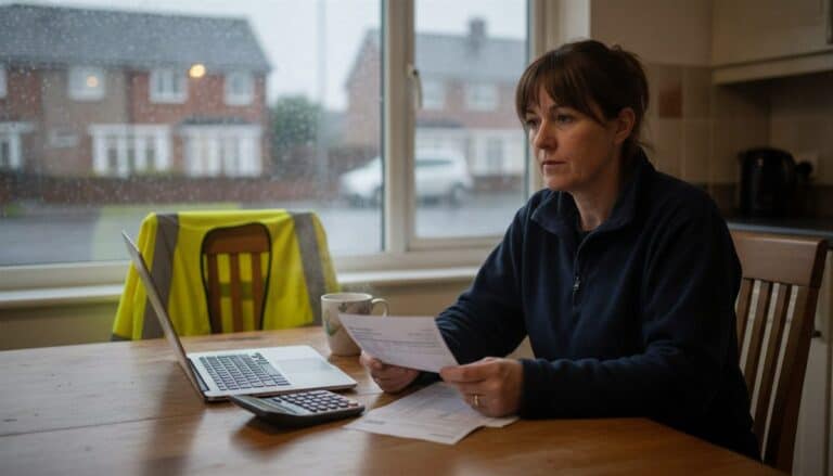 Building contractor in a navy fleece reading a payslip at a kitchen table beside a laptop, calculator and mug, hi-vis vest on the chair, rain on the window