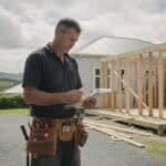 Builder in a black work shirt and tool belt reading a clipboard on a gravel drive, timber framing for an extension beside a weatherboard house and a white ute parked behind