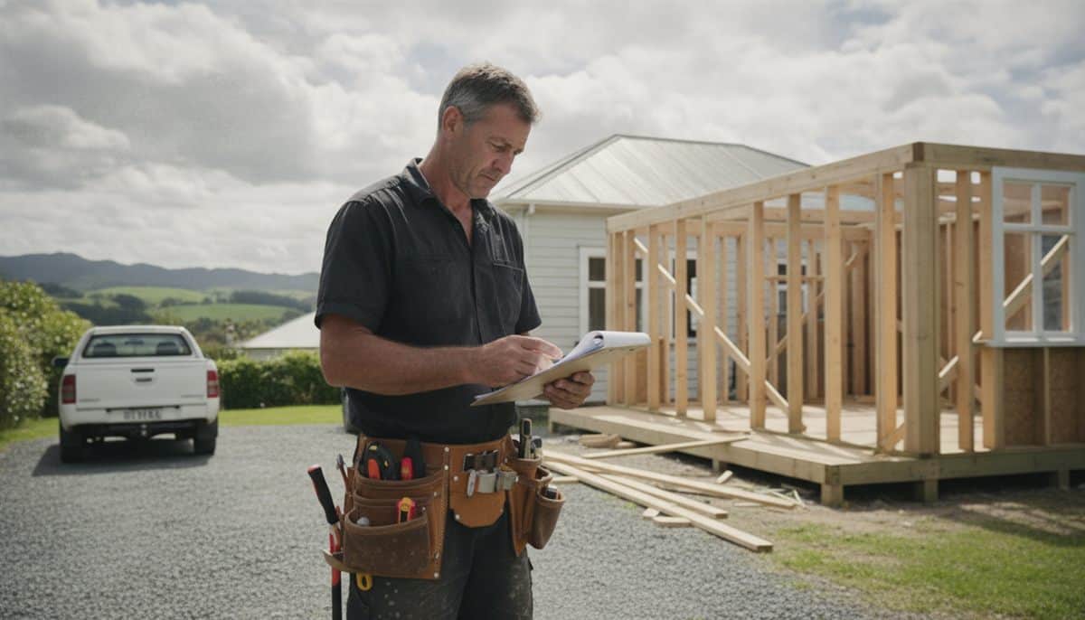 Builder in a black work shirt and tool belt reading a clipboard on a gravel drive, timber framing for an extension beside a weatherboard house and a white ute parked behind