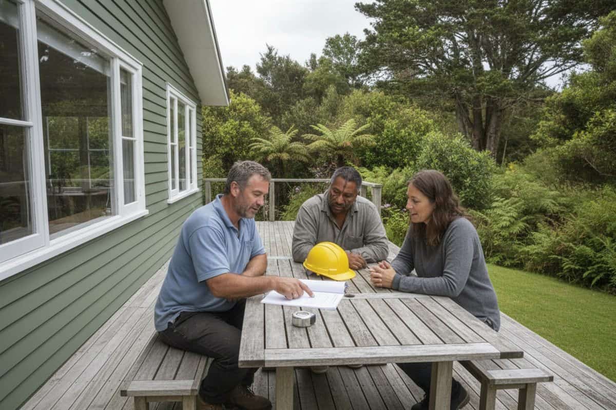 Builder in a blue polo pointing at a printed contract on an outdoor table, a man and a woman listening across the table, a yellow hard hat and tape measure beside the papers, native bush behind the deck
