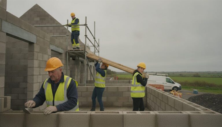Building crew in hi-vis vests and hard hats laying concrete blocks and carrying timber on a half-built house, scaffolding, a white van and green fields under a grey sky