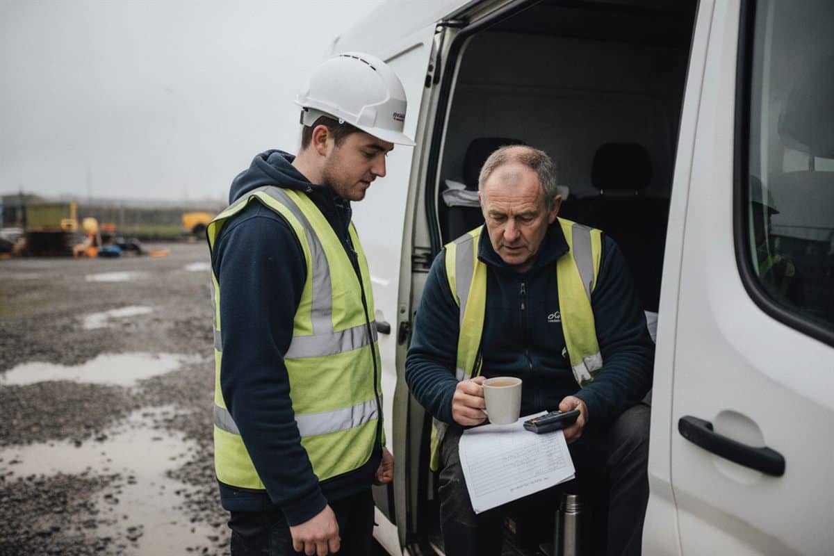 Builder in a hi-vis vest sitting in the side door of a white van with a mug of tea, a calculator and a timesheet, a young apprentice in a hard hat beside him