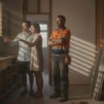 Homeowner couple point at a kitchen wall while their builder in a hi-vis shirt listens in a half-renovated timber house