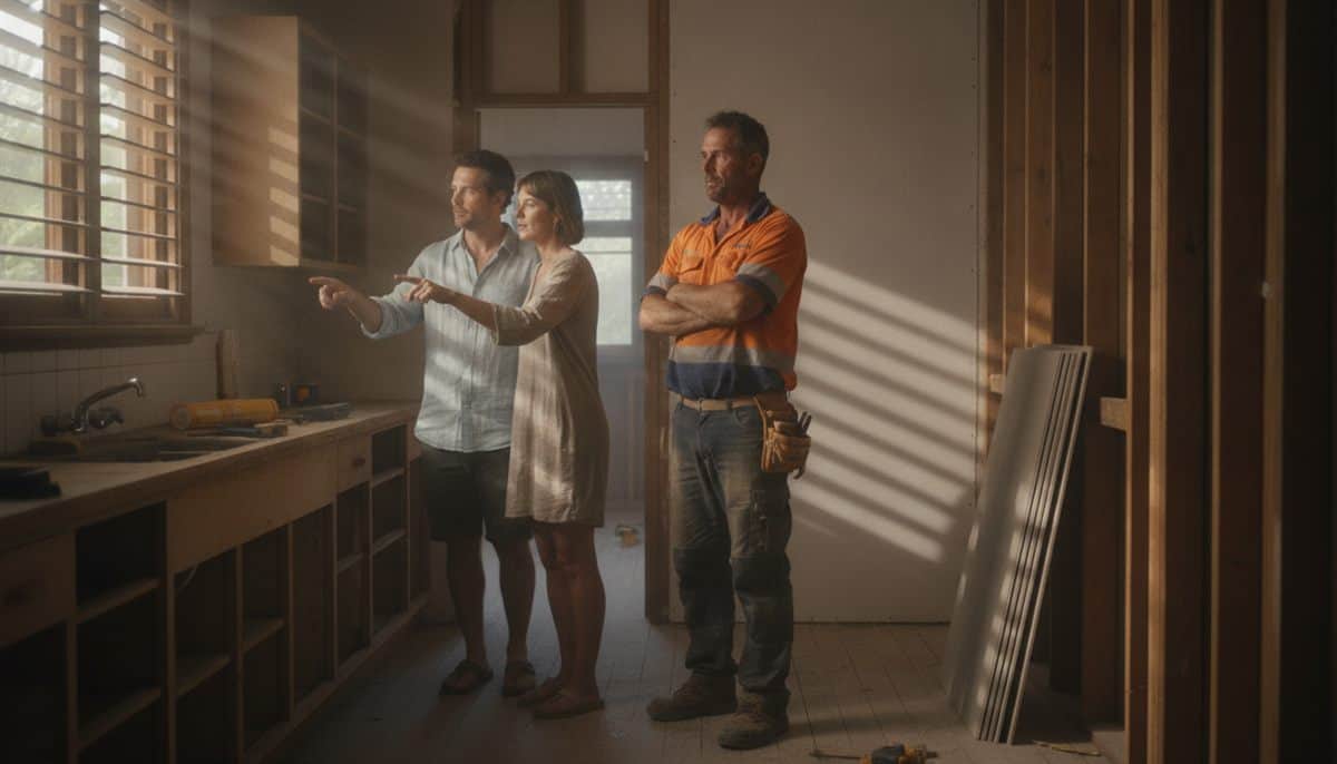 Homeowner couple point at a kitchen wall while their builder in a hi-vis shirt listens in a half-renovated timber house