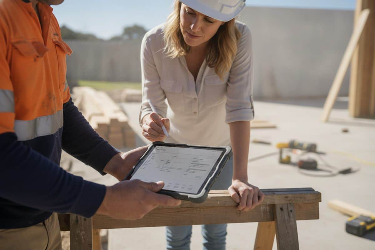 Homeowner in a hard hat signs on a tablet held by a builder at a sawhorse bench on a renovation site