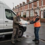Builder in a brown work jacket handing a bag of plaster to a young labourer in an orange hi-vis vest beside a white van on a wet street of red-brick terraced houses