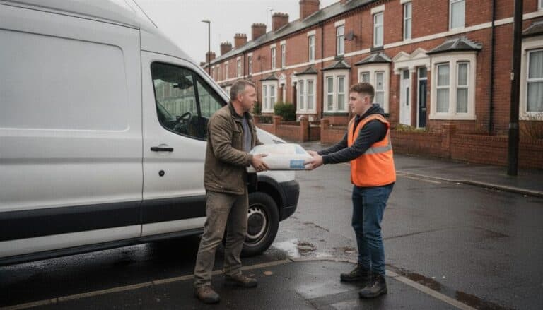 Builder in a brown work jacket handing a bag of plaster to a young labourer in an orange hi-vis vest beside a white van on a wet street of red-brick terraced houses