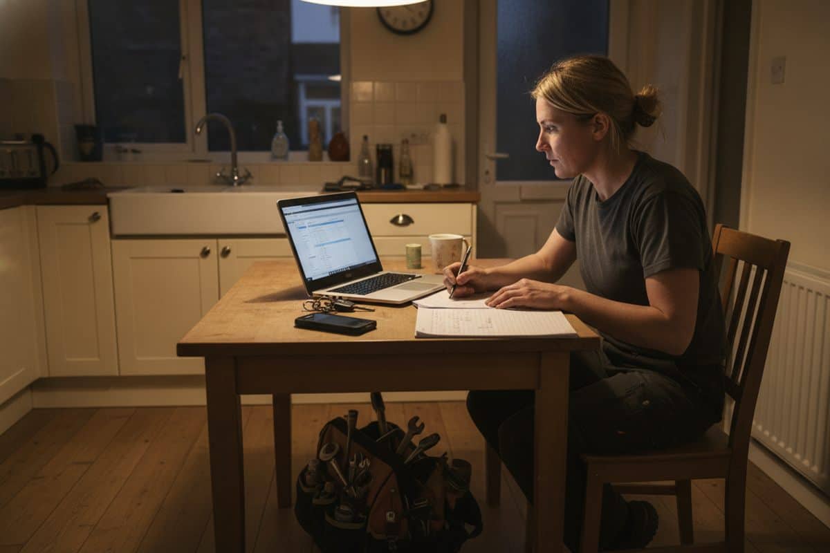 Plumber in a grey t-shirt writing figures on a notepad beside a laptop at a wooden kitchen table in the evening, van keys and a phone on the table and a tool bag on the floor