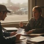 Landscaping company owner reviews hiring paperwork across a desk with a new crew member in her shop office