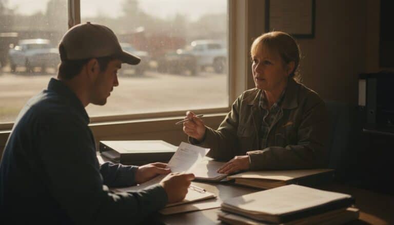 Landscaping company owner reviews hiring paperwork across a desk with a new crew member in her shop office