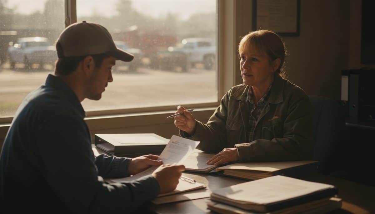 Landscaping company owner reviews hiring paperwork across a desk with a new crew member in her shop office