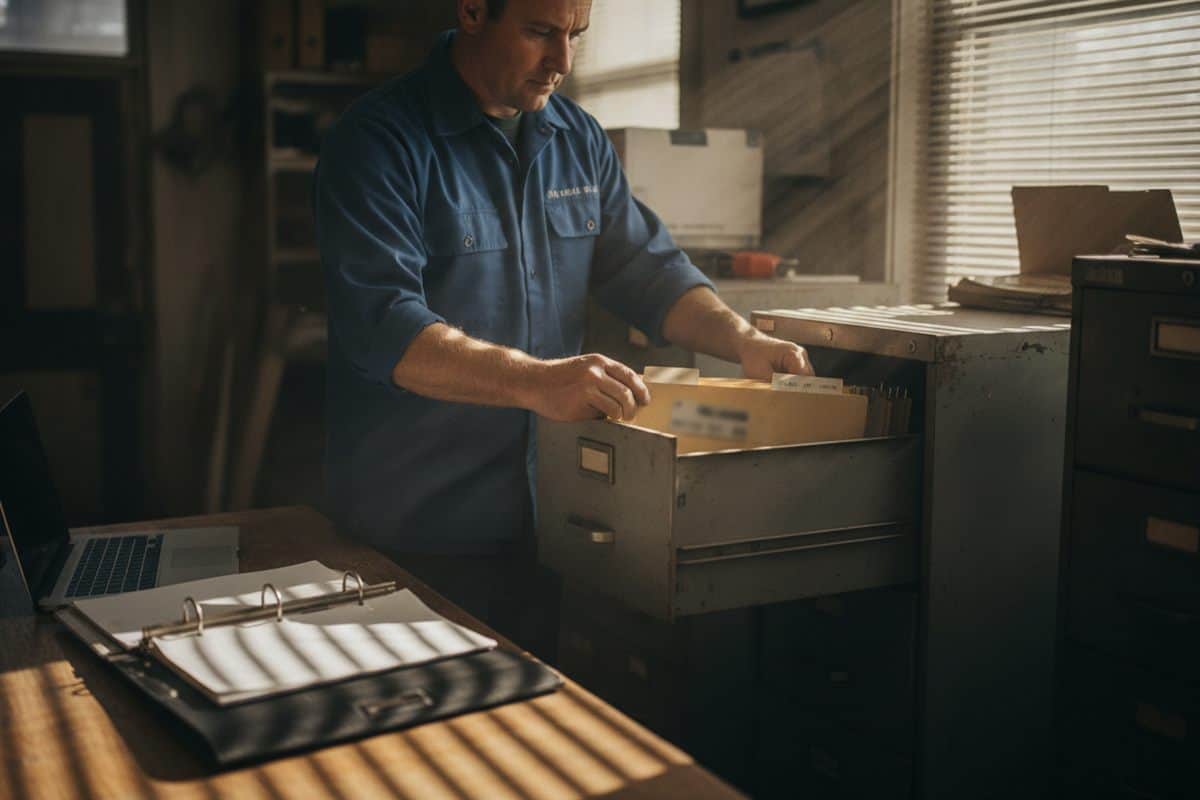 Contractor in a work shirt pulls a folder from an open metal filing cabinet drawer in a shop office
