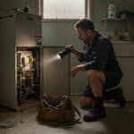 Plumber kneeling with a torch beside an old gas storage hot water unit with its panel off in a suburban laundry