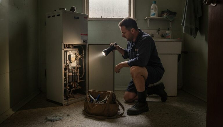 Plumber kneeling with a torch beside an old gas storage hot water unit with its panel off in a suburban laundry