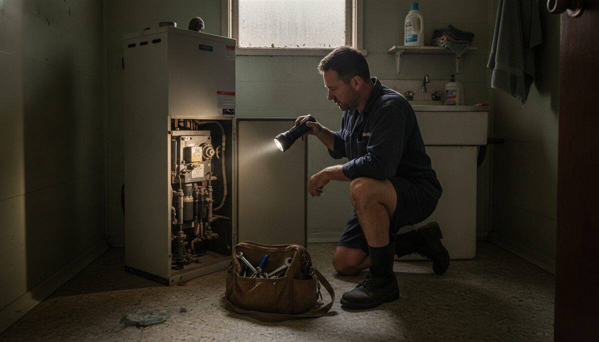 Plumber kneeling with a torch beside an old gas storage hot water unit with its panel off in a suburban laundry
