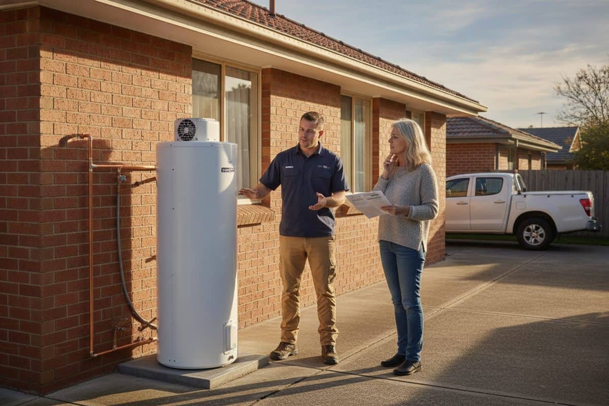 Plumber explaining a newly installed heat pump hot water tank to a homeowner holding a quote beside a brick house