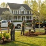Landscaping crew in green work shirts planting shrubs and spreading mulch in front of a two-storey suburban house, a pickup truck and equipment trailer at the curb