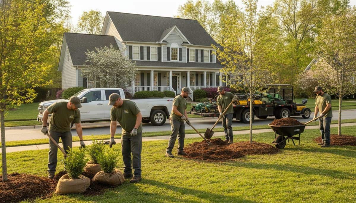 Landscaping crew in green work shirts planting shrubs and spreading mulch in front of a two-storey suburban house, a pickup truck and equipment trailer at the curb