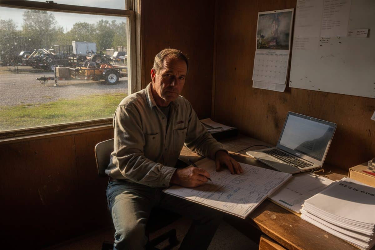 Landscaping business owner at a wooden desk marking dates in a paper planner beside a laptop and a stack of forms, equipment trailers visible through the window