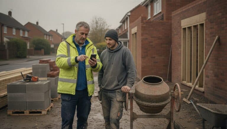 Site manager in a hi-vis jacket checks hours on his phone with a young labourer beside a cement mixer
