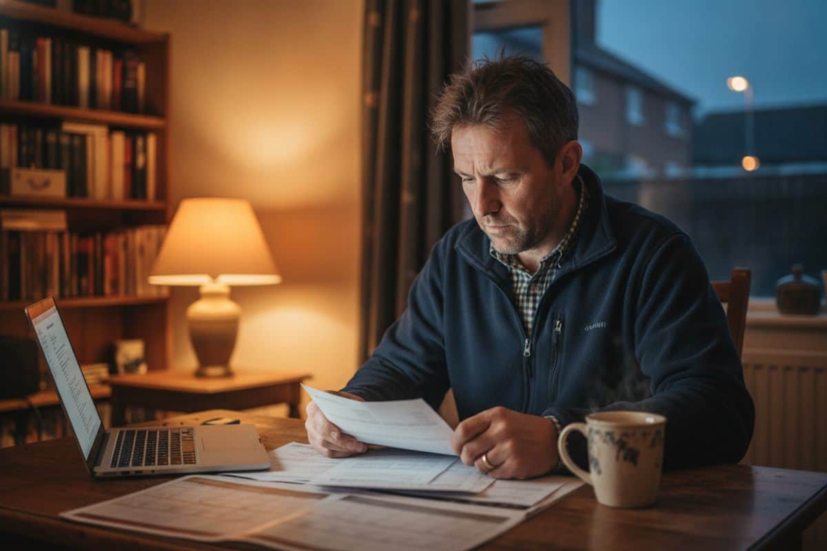 Building firm owner in a fleece reads printed payslips at a kitchen table with a laptop and a mug of tea