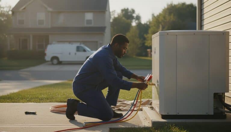 HVAC technician connecting refrigerant gauges to a new heat pump behind a suburban house