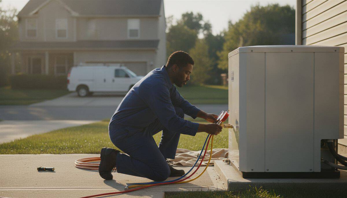 HVAC technician connecting refrigerant gauges to a new heat pump behind a suburban house