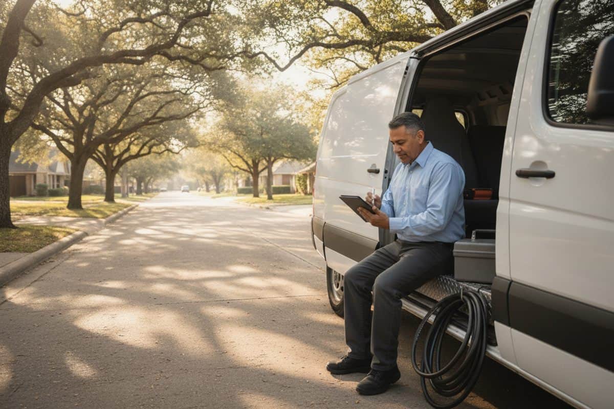 HVAC technician writing a service estimate on a tablet in the side door of his work van