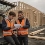 Builder in a hi-vis vest goes over a payslip with a teenage apprentice at a ute on a house site