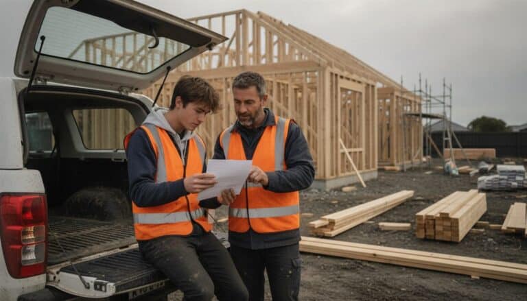 Builder in a hi-vis vest goes over a payslip with a teenage apprentice at a ute on a house site