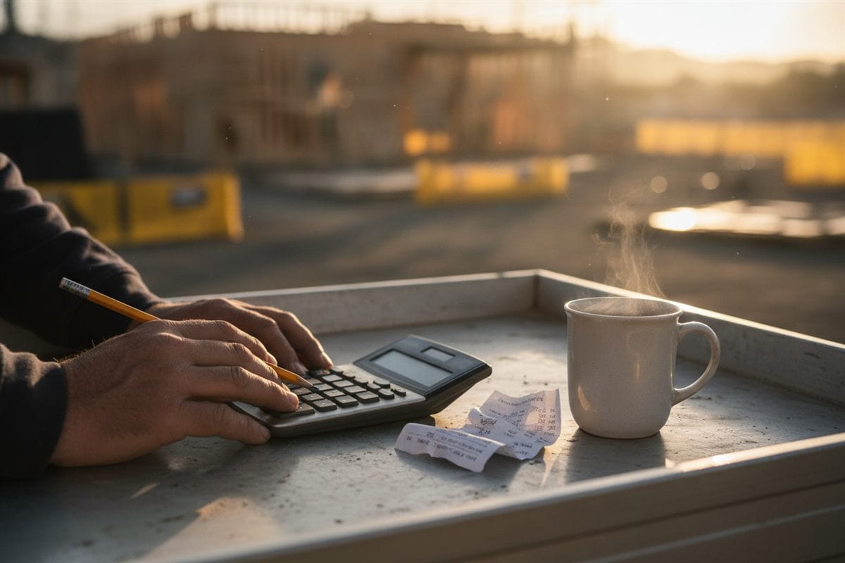 Hands with a pencil and calculator beside receipts and a coffee mug on a ute tray at a building site