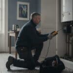 Gas engineer in a navy fleece kneeling at an open kitchen cupboard to test a wall-mounted combi boiler with a flue gas analyser, a tool bag on the tiled floor of a terraced flat