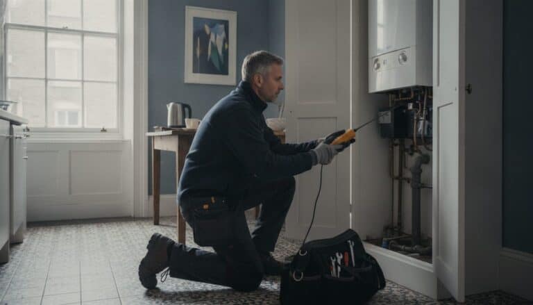 Gas engineer in a navy fleece kneeling at an open kitchen cupboard to test a wall-mounted combi boiler with a flue gas analyser, a tool bag on the tiled floor of a terraced flat