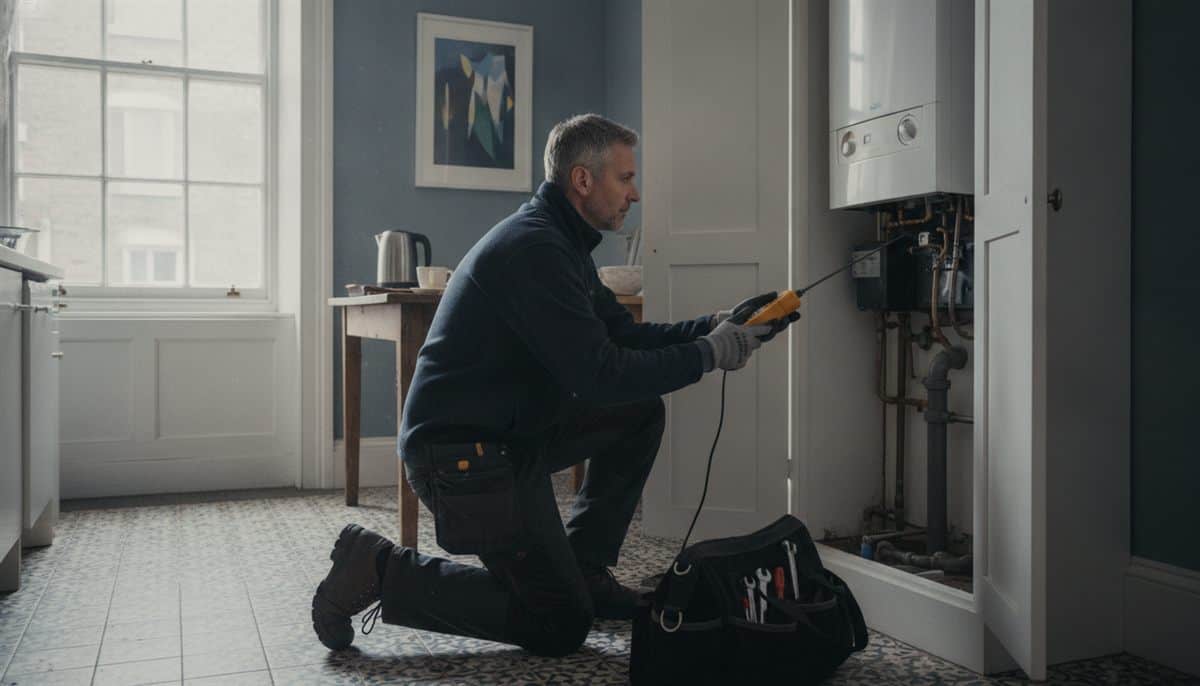 Gas engineer in a navy fleece kneeling at an open kitchen cupboard to test a wall-mounted combi boiler with a flue gas analyser, a tool bag on the tiled floor of a terraced flat