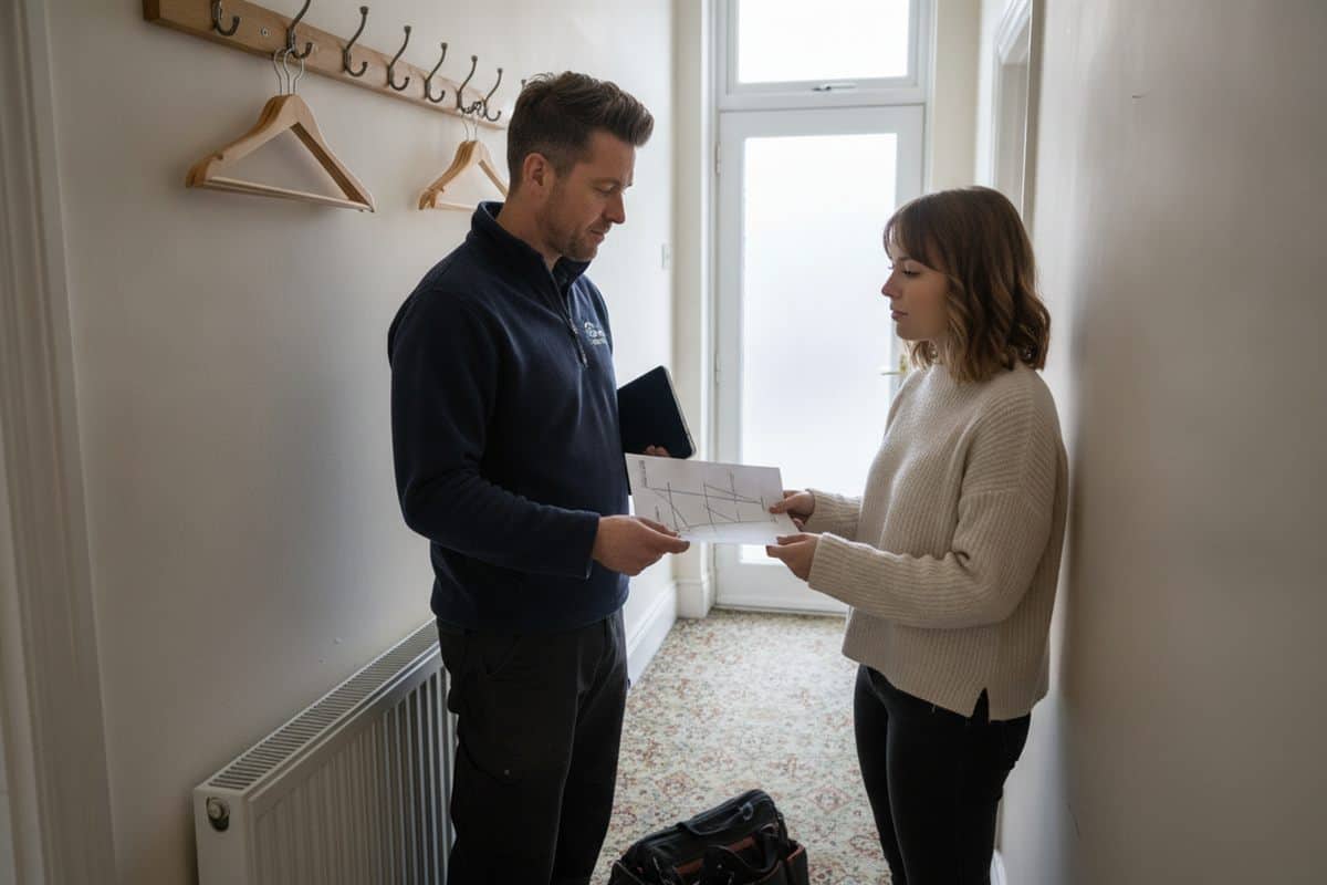 Gas engineer in a navy fleece handing a printed record to a young woman tenant in the narrow hallway of a rented flat, a radiator and coat hooks on the wall