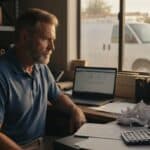 HVAC business owner in a blue polo shirt sitting at a desk with a laptop, printed payroll sheets and a calculator, shelves of copper fittings behind him and a white work van outside the window