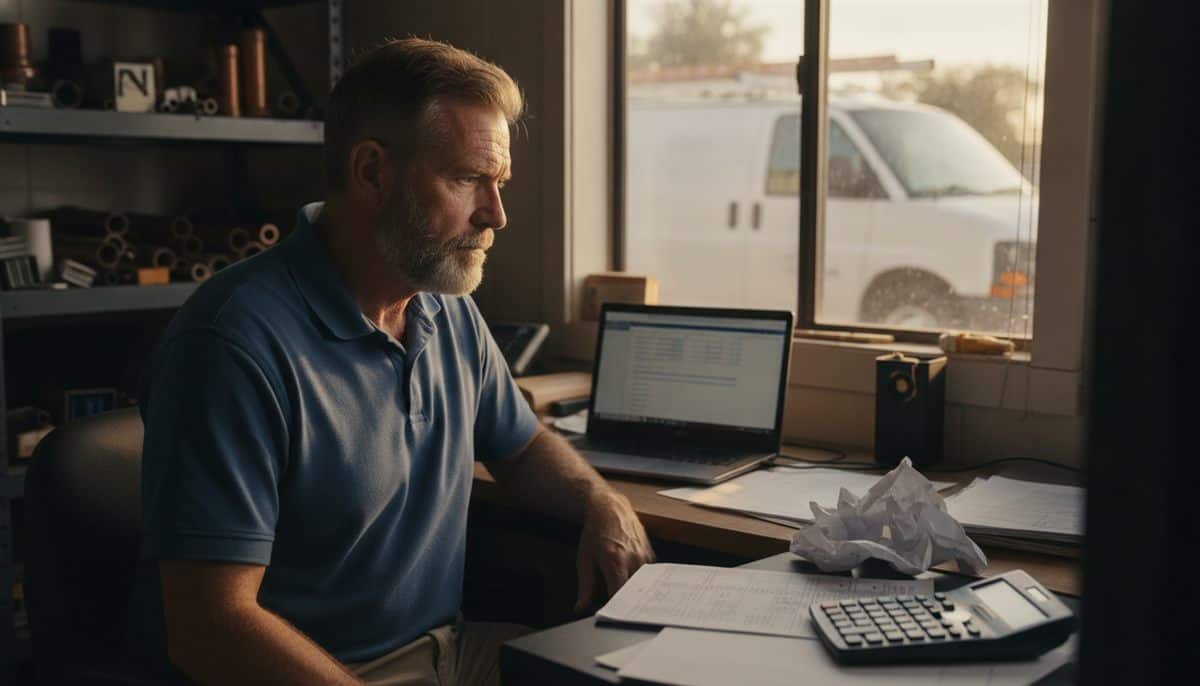 HVAC business owner in a blue polo shirt sitting at a desk with a laptop, printed payroll sheets and a calculator, shelves of copper fittings behind him and a white work van outside the window