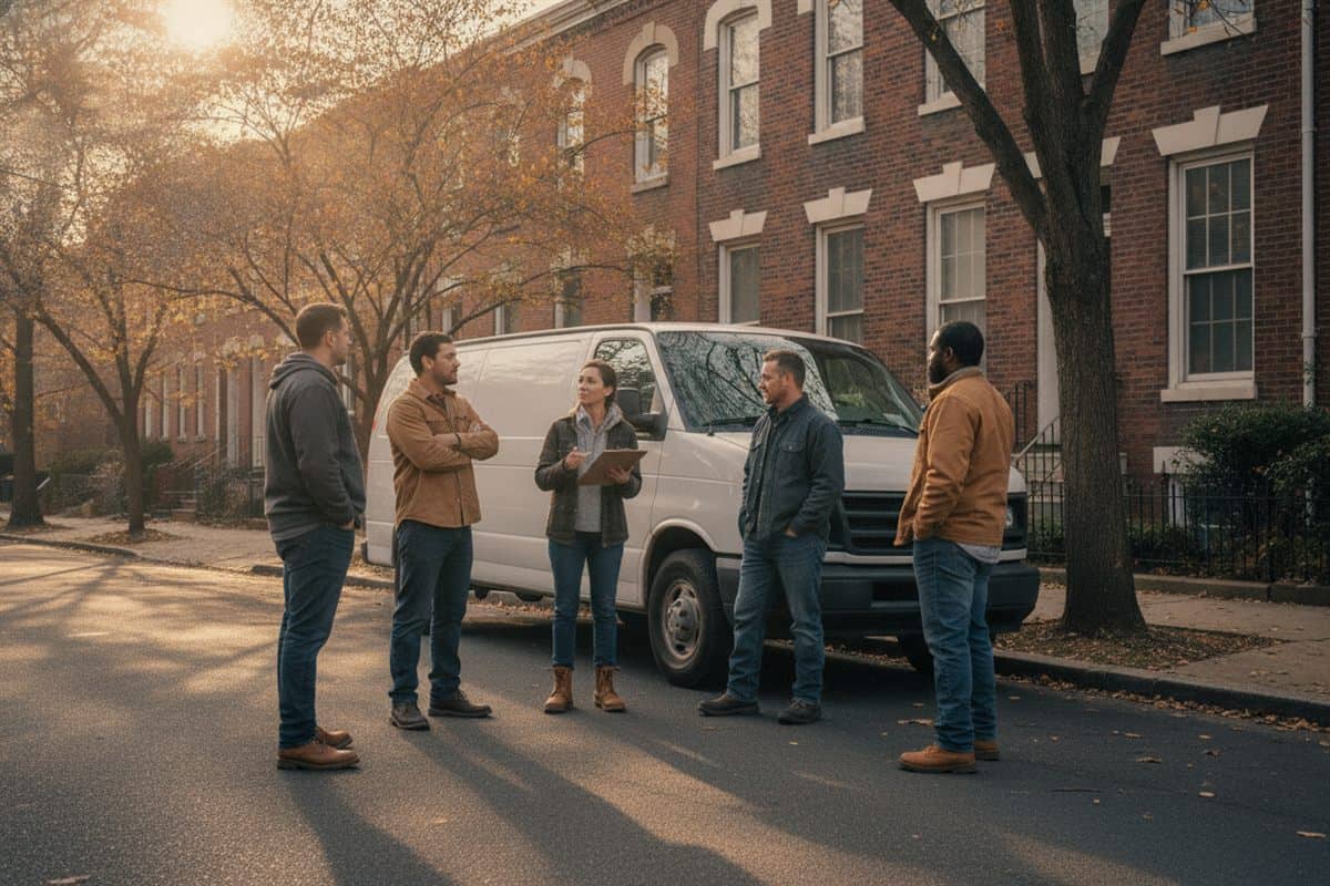 Remodeling crew of five standing beside a white work van on a street of brick row houses in autumn light, one of them holding a clipboard and talking