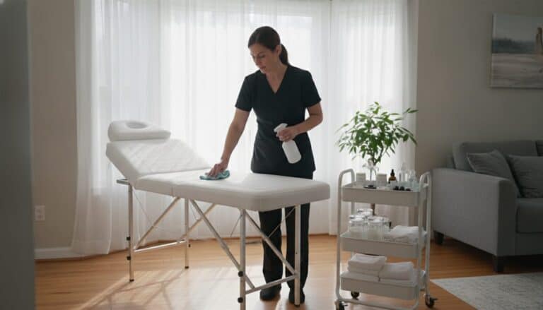 Esthetician wiping down a portable facial bed in a client's living room before an appointment