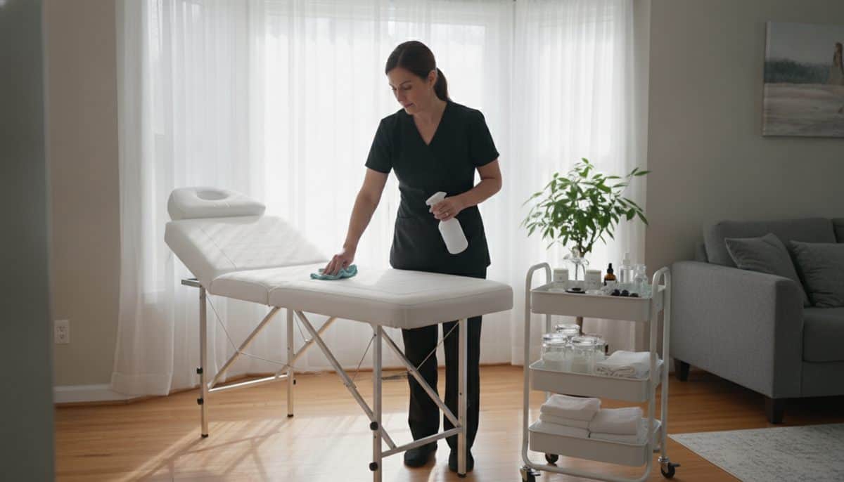 Esthetician wiping down a portable facial bed in a client's living room before an appointment