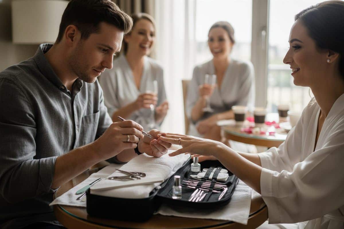 Nail technician giving a bride a manicure at a hotel suite table on a wedding morning