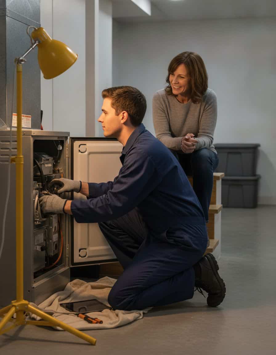 Young HVAC technician kneels to service a gas furnace in a basement while the homeowner watches from the stairs