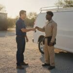 HVAC company owner hands a set of service van keys to a young technician beside a white work van in a gravel yard