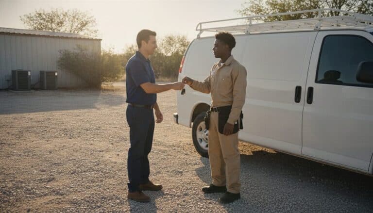 HVAC company owner hands a set of service van keys to a young technician beside a white work van in a gravel yard